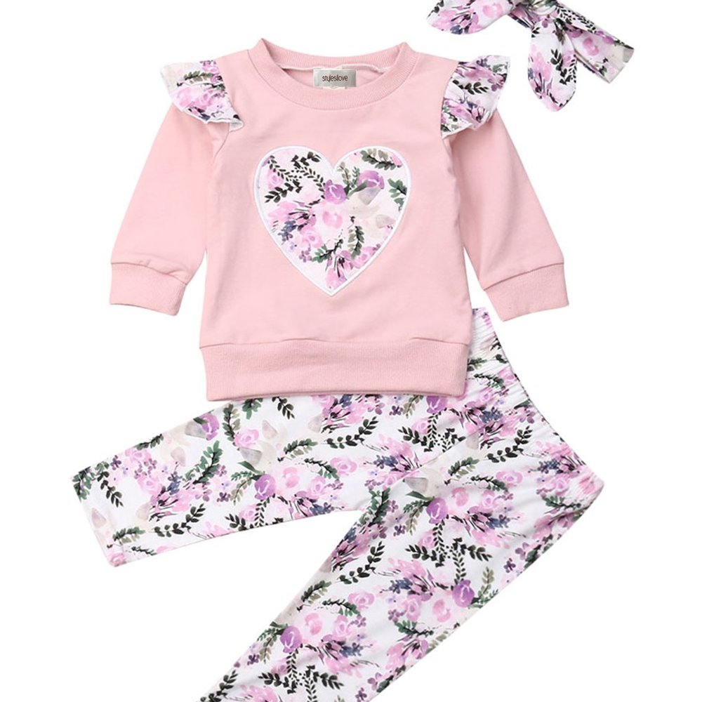 Floral Applique Heart Pink Sweatshirt, Leggings & Headband 3pcs Baby Outfit